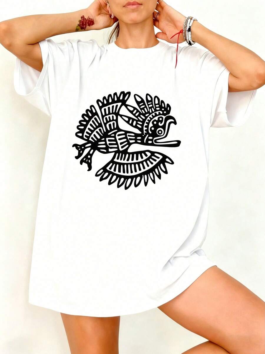 Camiseta Oversize Blanca con Estampado de Pavo Real para Ocasiones Casuales - Blanco - Ver 1