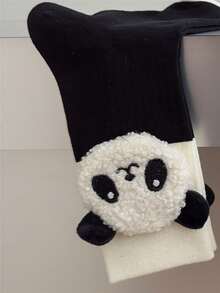 3D 絨毛熊貓襪子，可愛卡通中筒襪，柔軟舒適棉質趣味動物襪，黑白休閒襪適用於女孩與青少年，獨特熊貓禮物 - 黑色 - 查看 5