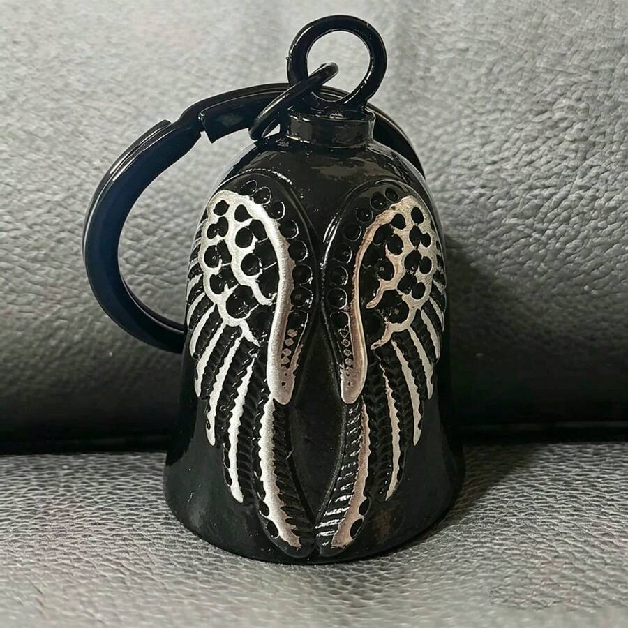 AD 天使不鏽鋼驅邪鈴,復古龐克騎行裝飾鈴,淺灰色通用 Mod 配件,適用摩托車與自行車,黑色鈴身配白色翅膀 - 黑鈴白翅 - 查看 1