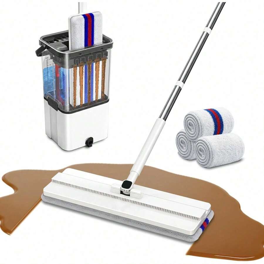 Mop And Bucket Set With Wringer,Separate Clean Dirty Water, Self Wringing Microfiber Dust Flat Mop For Hardwood Floors, Kitchen, Wall Cleaner -With 4 Washable Microfiber Pads - Bộ chổi lau nhà và xô (bao gồm 4 miếng lau nhà) - Xem 1