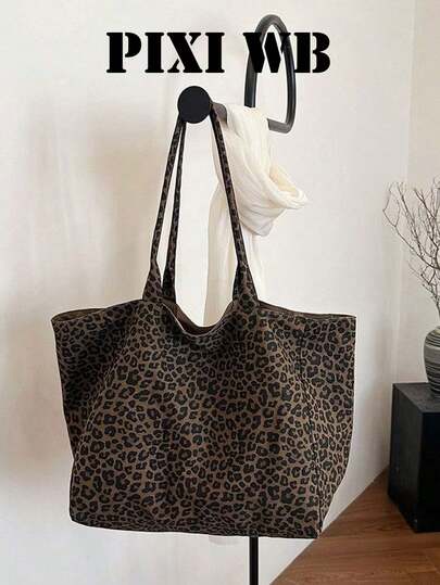 Brown Leopard Print Fabric Single Tote Bag Large Capacity Casual Canvas Hobo Shoulder Bag,For Daily Work Commute Casual Street Shopping City Strolling