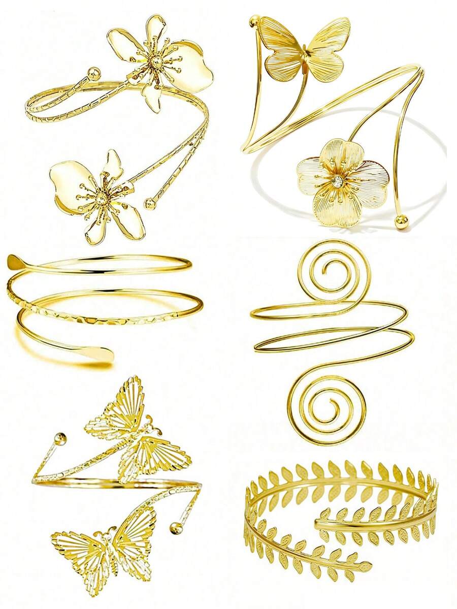 6pcs Romantic Floral Butterfly Multi-Layer Geometric Arm Bracelets, Adjustable Multi-Functional Use - 6PC Gold JC002 - View 1