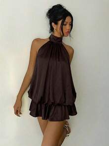 Elegant Women's Mini Dress With Halter Neck And Bow In Light Yellow - 全穀類咖啡 - 查看 7