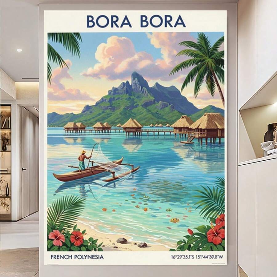 Enmarcado Lienzo impreso  de varios tamaños, Paraíso de Bora Bora – Azul y verde, rosa y beige _ Arte de viaje vintage – Decoración de la Polinesia Francesa para la sala de estar, plano 2D, perfecto para la decoración de la habitación. - Enmarcado - Ver 1