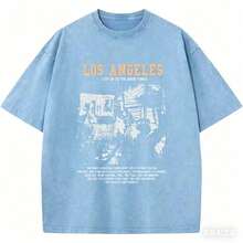Oversized Graphic Tshirts For Men Acid Wash Los Angeles Vintage Tees Streetwear Baggy Cotton Shirts Casual Topswinter Clothes For Women - 淺藍色 - 查看 1