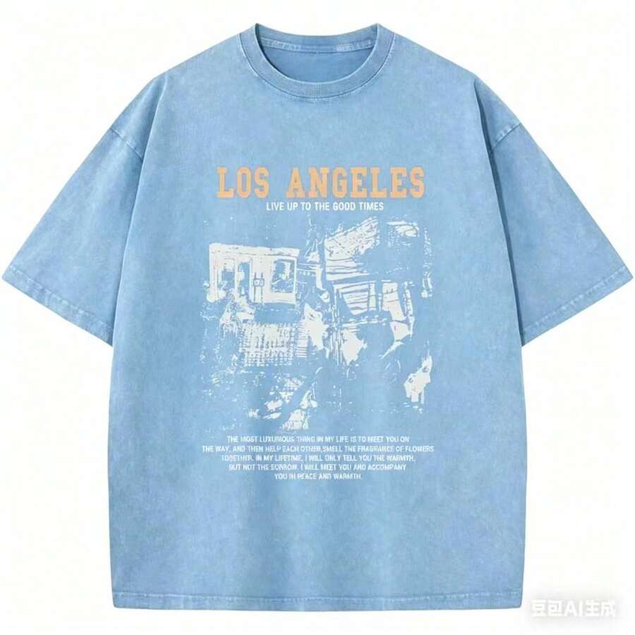 Oversized Graphic Tshirts For Men Acid Wash Los Angeles Vintage Tees Streetwear Baggy Cotton Shirts Casual Topswinter Clothes For Women - 淺藍色 - 查看 1