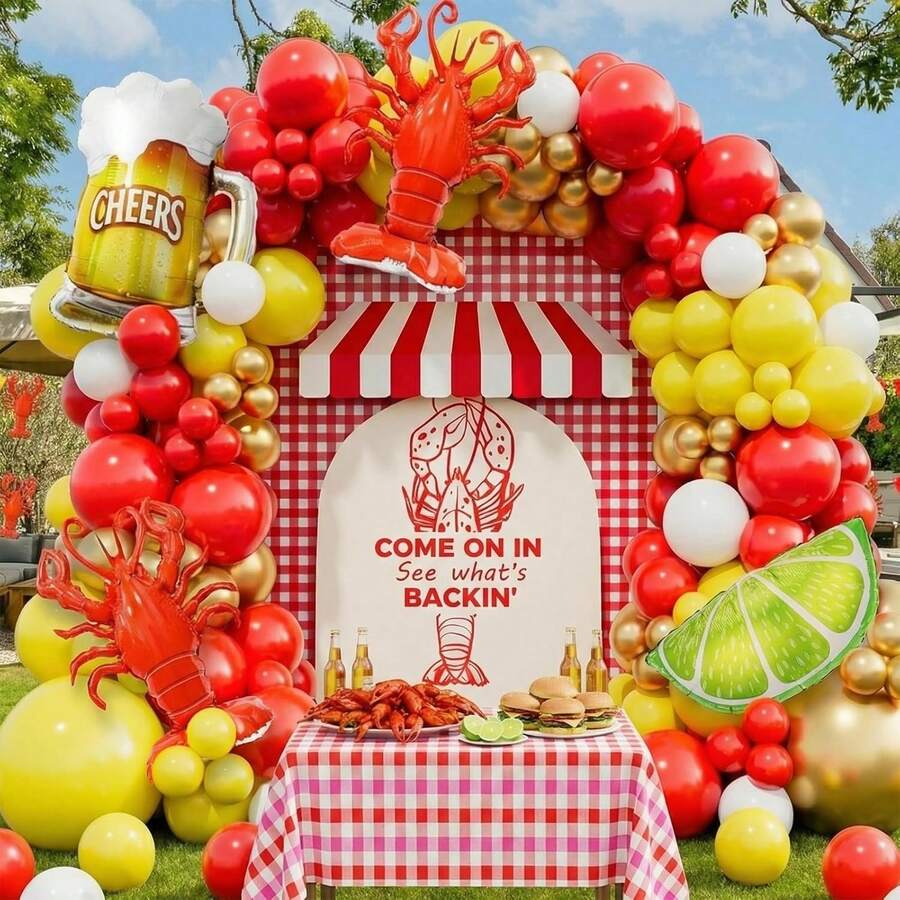 Dieses 139-teilige -Ballonbogen-Kranz-Set enthält rote, gelbe und goldene Latexballons und ist perfekt für Hummerpartys, Geburtstagspartys, Gender-Reveal-Partys, Taufpartys und Babyparty-Dekorationen. - Übersicht 1