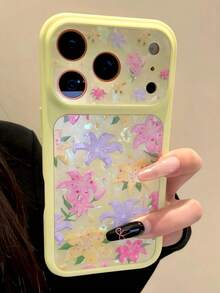Fresh Lily Flower Glitter Shell Pattern Large Window Phone Case Compatible With IPhone 17 Pro Max, 17 Pro, 15, 16 Pro Max, 15 Pro, 17, 15, Summer Yellow Acrylic Back Cover - Yellow - View 5