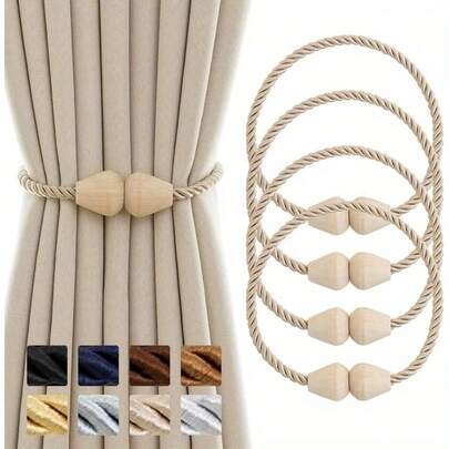 A 4 Bohemian Style Rope Curtain Hooks - Handmade Wooden Magnetic Curtain Back Pull Rope With Brown Rope, Perfect For Christmas, Halloween, Valentine's Day
