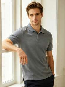 Men's Basic Short-Sleeve Polo Shirt, Breathable Cotton, Casual, Stylish, Various Colors - 灰色 - 查看 3