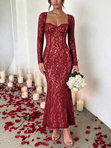 Amore 女款方領修身優雅長袖蕾絲魚尾長洋裝，秋冬新款派對/約會/宴會性感 S 曲線蕾絲長袖束腰修身魚尾黑色洋裝，下午茶洋裝，新年洋裝，感恩節女裝，優雅派對洋裝 - 酒紅色 - 查看 3