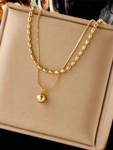 1pc Stainless Steel Double Layer Beaded Pendant Retro Style Necklace, Suitable For Daily Wear - Vàng - Xem 9