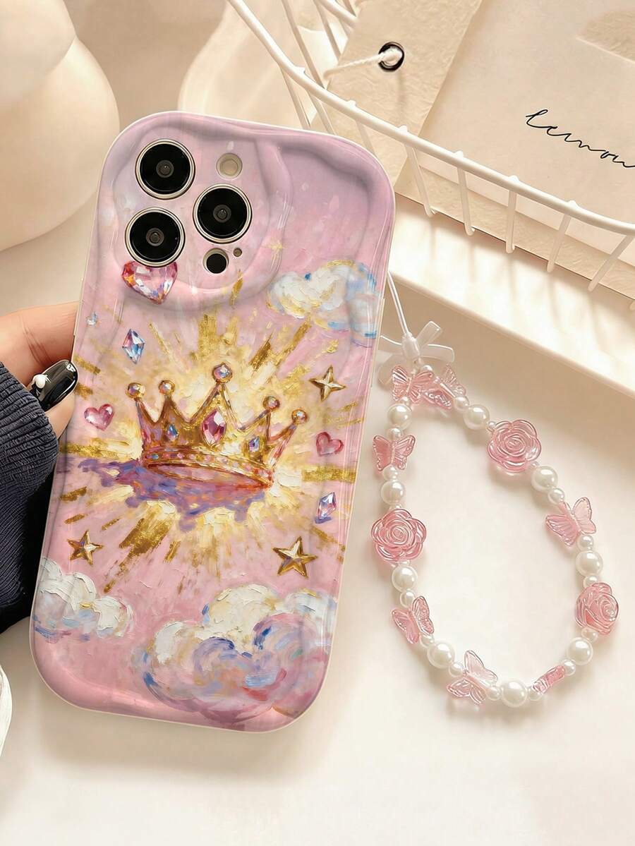 1 chiếc ốp lưng điện thoại kiểu Âu Mỹ in hình trái tim pha lê vương miện 2D không 3D, hình vẽ bất đối xứng, dày dặn, trong suốt, chống rơi vỡ, kèm dây đeo nơ ngọc trai màu trắng, thích hợp sử dụng cá nhân hoặc làm quà tặng, tương thích với Apple 11/12/13/14/15 Pro Max, phiên bản quốc tế (không phải nội địa), Galaxy A04/A05/A13/A14/A15/A24/A25/A35/A54/A55/S23/S24 - Nhiều màu - Xem 1