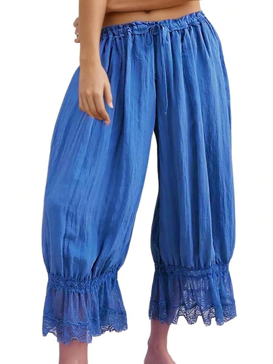 Women Y2K Half Slip Under Dress Pettipants Mid Rise Lace Patchwork Bloomers Trousers Ruffle Pantaloons Cropped Flared Pants Cute Pumpkin Long Pants - 藍色 - 查看 1