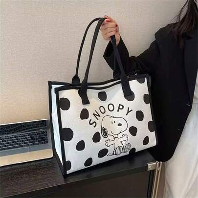  Canvas Tote Bag For Women, Large Capacity One Shoulder New Cartoon Snoopy Print Handbag, Outdoor Shopping Bag