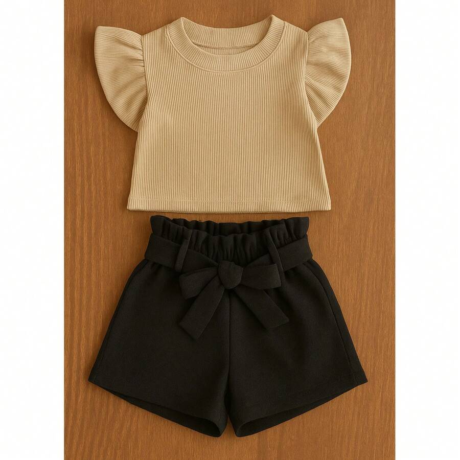 Children's And Teen Set: Cropped Blouse With Ruffles And Ribbed Detail + Linen Clochard Shorts. 2-Piece Set For Girls And Teenagers CJI033 - 黑色與裸色 - 查看 1