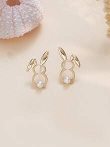 1 par de lindos pendientes de perlas huecas con forma de conejo, pendientes versátiles con un corazón lindo y juguetón de niña - Dorado - Ver 6