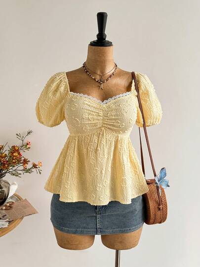 Rusttydustty Women's Bohemian Yellow Short Sleeve Ruffle Top, For Vacation And Daily Wear Summer