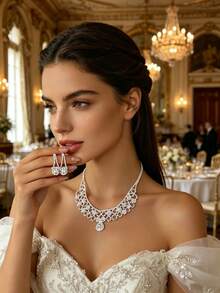 Bộ trang sức cưới cao cấp, vòng cổ và bông tai hai lớp hình hoa hướng dương đính pha lê lấp lánh. - Bạc - Xem 6