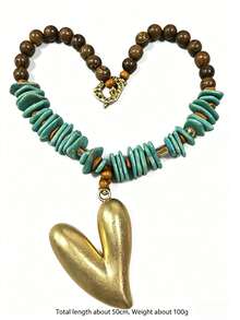 Bohemian Turquoise & Wood Beaded Necklace With Large Gold Heart Pendant, Summer Beach Vacation Statement Choker, Handmade Boho Neck Jewelry For Women, Ideal For Tropical Getaways, Music Festivals & Casual Outfits,Vintage-Inspired Gold Heart Pendant Choker, Summer Boho Style Turquoise & Wooden Bead Necklace, Vacation-Ready Neck Jewelry For Women, Perfect For Pool Parties, Coastal Trips & Bohemian Chic Looks - Nhiều màu - Xem 8