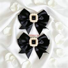 1 Pair Detachable Double-Layer Satin Bow Shoe Clips With Pearl, Square Decor Buckle, Fashion & Elegant, Suitable For High Heels, Flats, Business Shoes And Wedding Shoes - Black - View 6