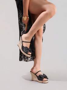 Giày sandal đế xuồng buộc dây nơ, họa tiết chấm bi, dép lê hở mũi đế dày thoải mái cho kỳ nghỉ hè, giày thời trang hàng ngày cho nữ. - màu đen - Xem 7