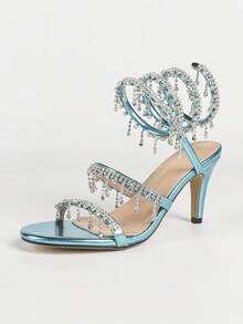 Women's Stiletto High Heel Sandals, Fashion Minimalist Strap With Rhinestone Snake Wrap Round Toe, Suitable For Summer And Autumn - Blue - View 14