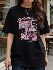 Camiseta de manga corta con cuello redondo suave y casual para mujer, estampado gráfico retro de anime con frases, adecuada para uso diario. Negra. - Negro - Ver 5