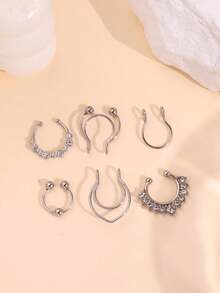 6pcs Mixed Fake Nose Rings Set, Stainless Steel Punk Hip-Hop Street Fashion Unique Design Clip-On Nose Rings For Daily Wear - B - View 8