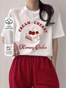Camiseta casual de mujer para el verano con, manga corta, estampado de letras y cerezas, marca , tarta de miel, tops lindos, camisetas gráficas-Vintage Street Style Unisex Loose Cotton Short Sleeve Crew Neck T-Shirt Ropa deportiva estilo Y2K, cuello redondo, 100% algodón, tejido suave, manga corta. 1 camiseta - Blanco - Ver 11