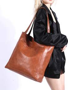 Bolso de tote de gran capacidad, bolso de mano de cuero sintético retro con bolsillo delantero, adecuado para el trabajo y los viajes - Marrón - Ver 6