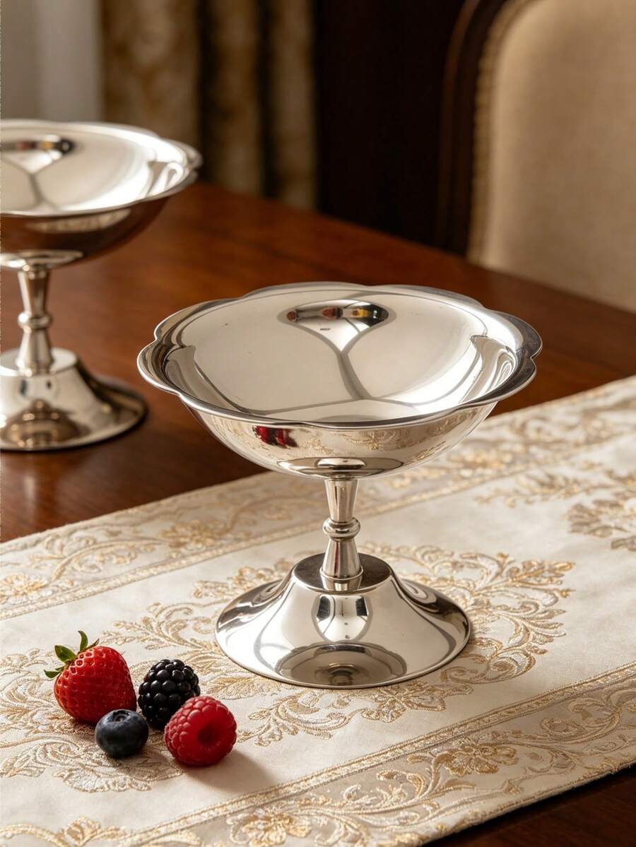 1个甜点杯,不锈钢冰淇淋杯,银色花形奶油容器,高脚杯碗,水果盘,适合派对和婚礼 - 查看 1