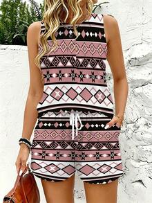 Plus Size Women's Sleeveless Tank Top Drawstring Waist Shorts 2 Piece Set Geometric  Pattern Print Design Gradient Watercolor Print, Soft Lightweight, Loose Casual, Beach Vacation, Daily Loungewear  Vibrant Gradient Tie Dye, Relaxed Fit, Breathable - 混合色 - 查看 1