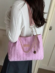 Fashionable Striped Handbag - Women's Large Capacity Shoulder Bag - Zipper Tote Bag For Daily Use With Metal Chain - Pink - View 4