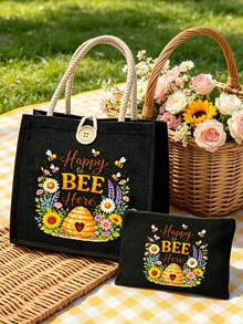 Reusable Tote Bag With Cute Bee & Floral Print, Lightweight Foldable Shopping Bag, Canvas Handbag With Rope Handle, Portable Makeup Cosmetic Travel Pouch, Compact Size Fits Cosmetics, Books, Lunch & Daily Essentials, Great Gift For Mom, Wife, Grandma, Mother's Day - Multicolor - View 13