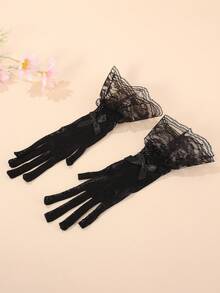 1 Pair Black Lace Gloves Suitable For Teenage Girls, Elegant Sheer Mesh Gloves With Bow Tie, Multiple Styles Suitable For Weddings, Parties, Halloween And Vintage Outfits - Black - View 8