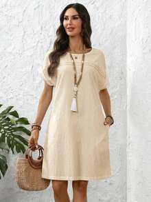 Vestido corto casual de mujer de unicolor con mangas de murciélago - Albaricoque - Ver 4