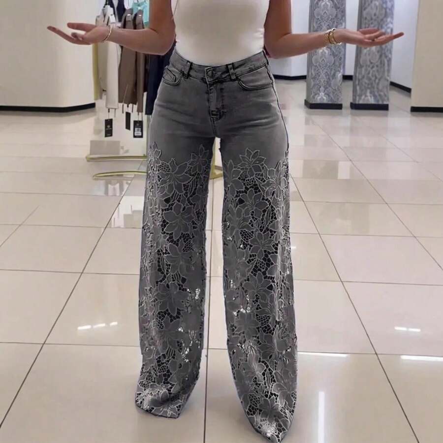 Boho-Inspired High-Waist Wide-Leg Jeans With Intricate Lace Cutouts, Silky Draped Texture, And A Slimming Silhouette – Ideal For Beach Getaways, Gala Nights, Or Laid-Back Graceful Days Mother Day Dress - Xám - Xem 1