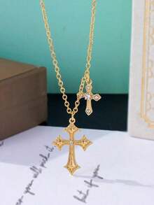 1pc Exquisite Cross Pendant Necklace Inlaid With Rhinestone - Vàng - Xem 8