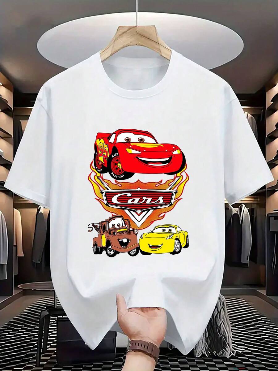 Disney Men's T-Shirt Licensed Cars Lightning McQueen Mater Sally Print Men's T-Shirt, Round Neck Casual Comfortable Tee, Breathable Lightweight, Fashion Streetwear, Men's Casual Top - 白色 - 查看 1