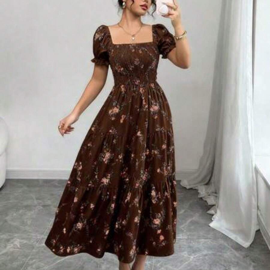 Women's Spring/Summer Square Neck Pleated Short Sleeve Ruffle Hem Maxi Dress, Featuring Small Ditsy Floral, Suitable For Casual Daily Life, Work, Travel, Beach, Bohemian, Western, Music Festival, Countryside Style - Marrón - Ver 1