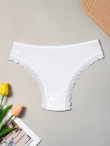 4 piezas Bragas de algodón acanalado suave con ribete de encaje para mujer - Blanco - Ver 6