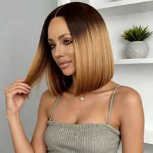 30cm Gradient Brown Short Straight Hair Middle Part Wig, High Density, Natural Appearance, Comfortable Wear, Adjustable Cap Net, Secure Fit, Soft And Smooth, Fashionable And Versatile, Suitable For Daily Wear, Parties, Christmas Costumes, Universal For All Women - Multicolor - View 3