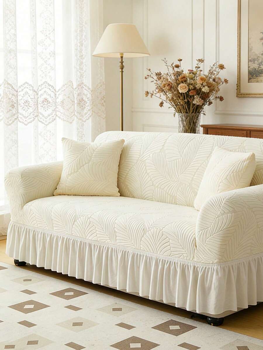 1pc Modern Style Polyester Fiber Leaf Pattern Elastic Sofa Cover With Skirt Design, Anti-Dust And Anti-Slip, Suitable For 1/2/3/4 Seater Sofas All Year Round