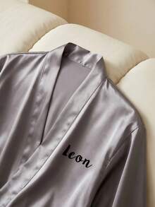 1pc Personalized Satin Robe For Men With Custom Name Embroidery, Kimono Style Bathrobe And Home Loungewear For Wedding Morning Preparation, Birthday Or Anniversary Gift For Husband Or Dad - Multicolor - View 5