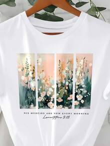 Tricou mărimi mari cu guler rotund și mânecă scurtă, imprimeu floral, din material cu elasticitate ridicată, top casual pentru vacanță, alb - alb - Vizualizare 3