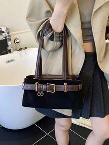 Niche Design Korean Underarm Bag With Leather Buckle Strap, One Shoulder Tote Bag With Topstitching - Black - View 2