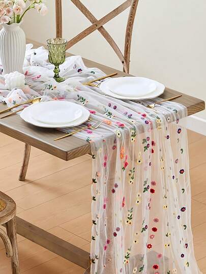 Embroidered Lace Tablecloth, Floral Embroidery Table Runner, Lace Floral Table Runner For Wedding Party, Home, Holiday, Kitchen Dining Table Decor