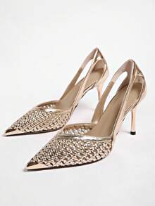 Sexy Rhinestone Fishnet Black Mesh High Heels, Niche Design Pointed Toe Pumps For Evening Gown - Gold - View 5