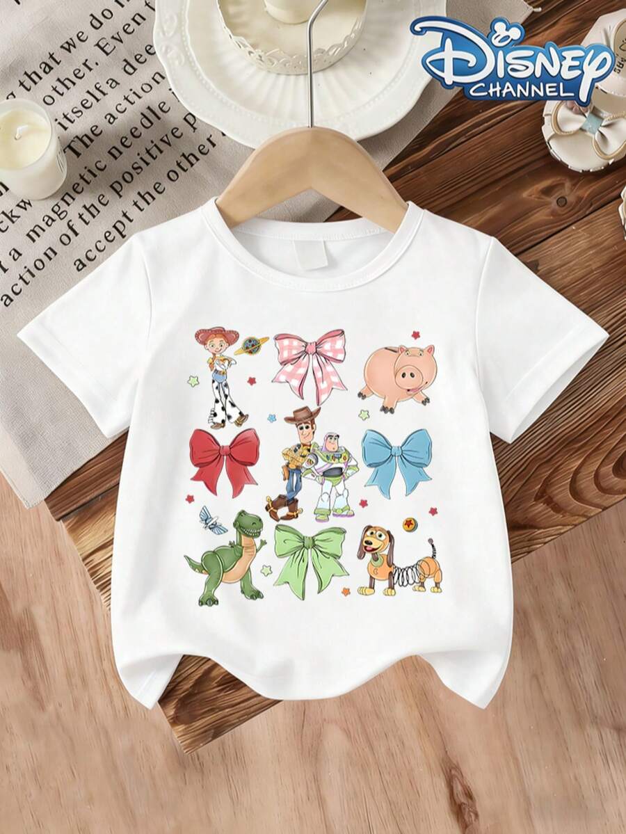 Disney Toy Story Toddler Girls T-Shirt, 6M-3Y, Jessie Hamm Woody Buzz Lightyear Rex Slinky Dog With Bow Print, Short Sleeve Tee For Daily Casual & Party, Express Delivery - White - View 1